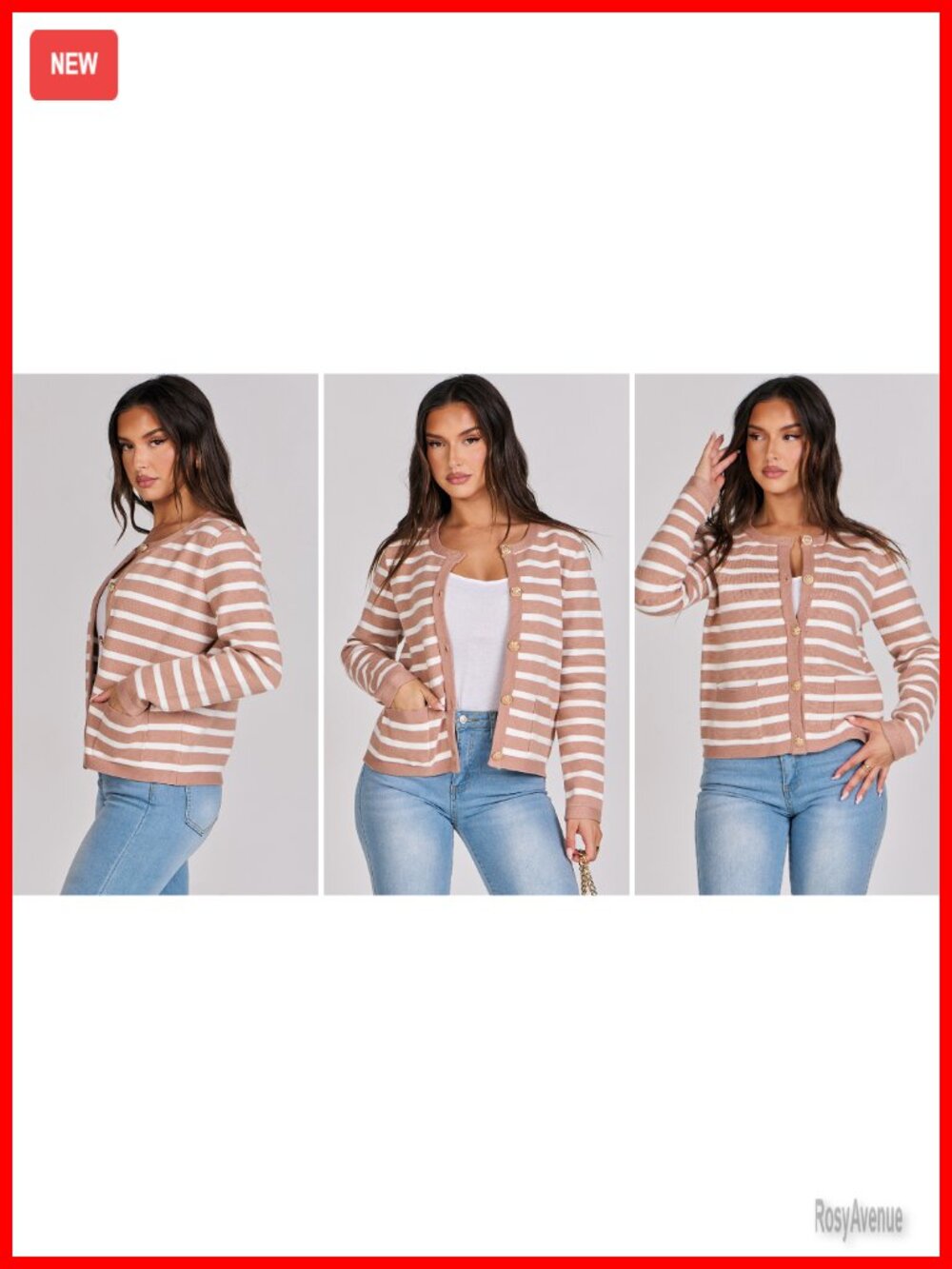 Striped Cropped Cardigan Sweater Button Down Knit Jacket - Picture 7 of 7